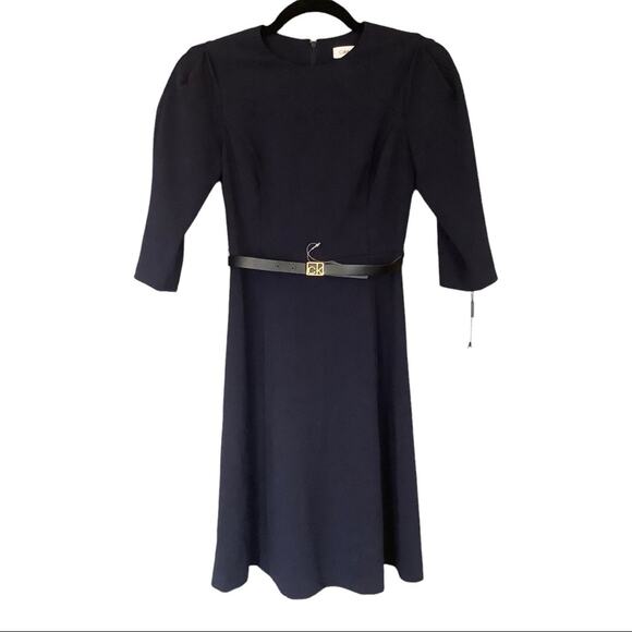 CALVIN KLEIN Navy 3/4 Sleeve Crew Neck Above The Knee Dress - Picture 4 of 9